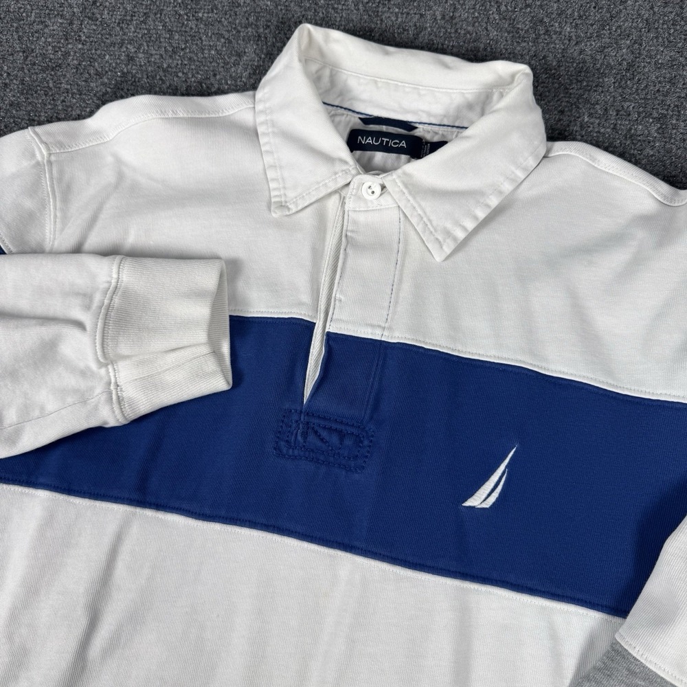 Nautica Polo Shirt Mens L Y2K Long Sleeve Rugby Color Block Spellout